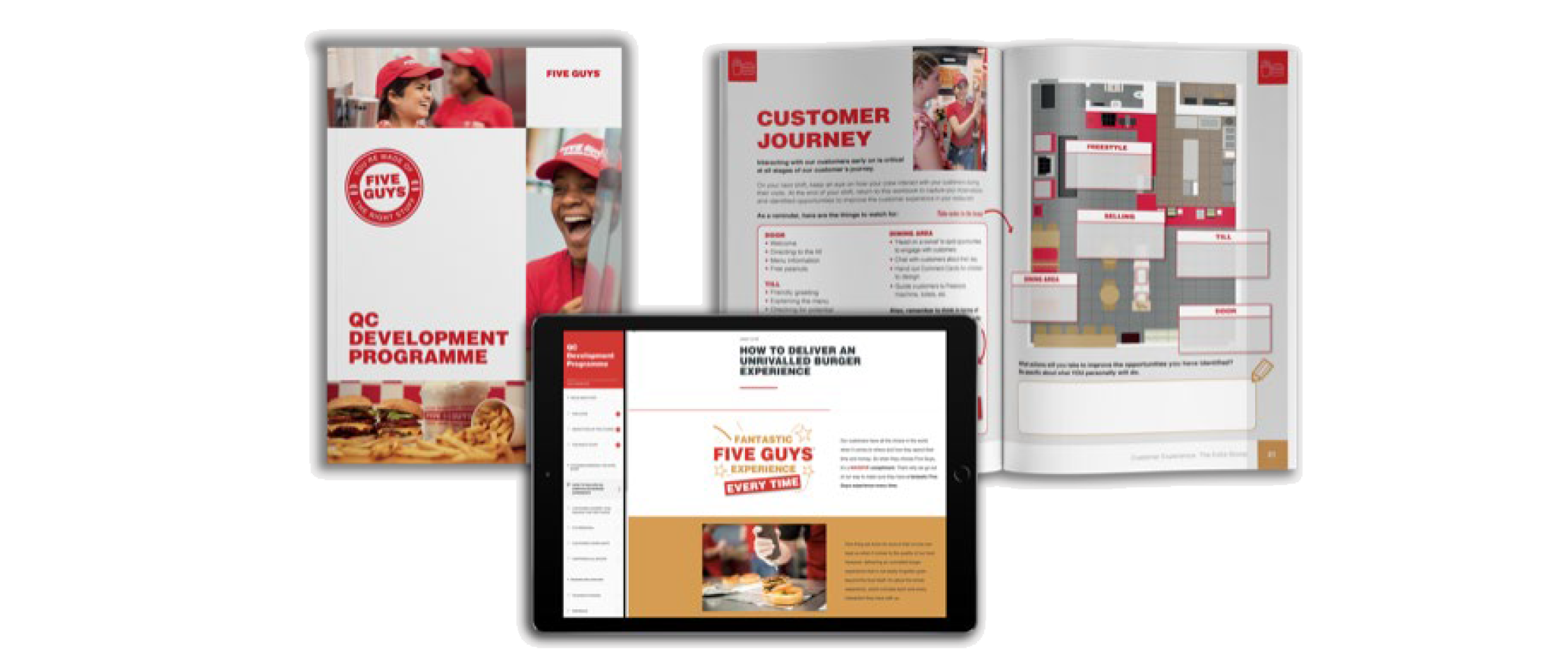 Five Guys materials; the QC Development Programme workbook and a tablet with eLearning "how to deliver an unrivalled burger experience"