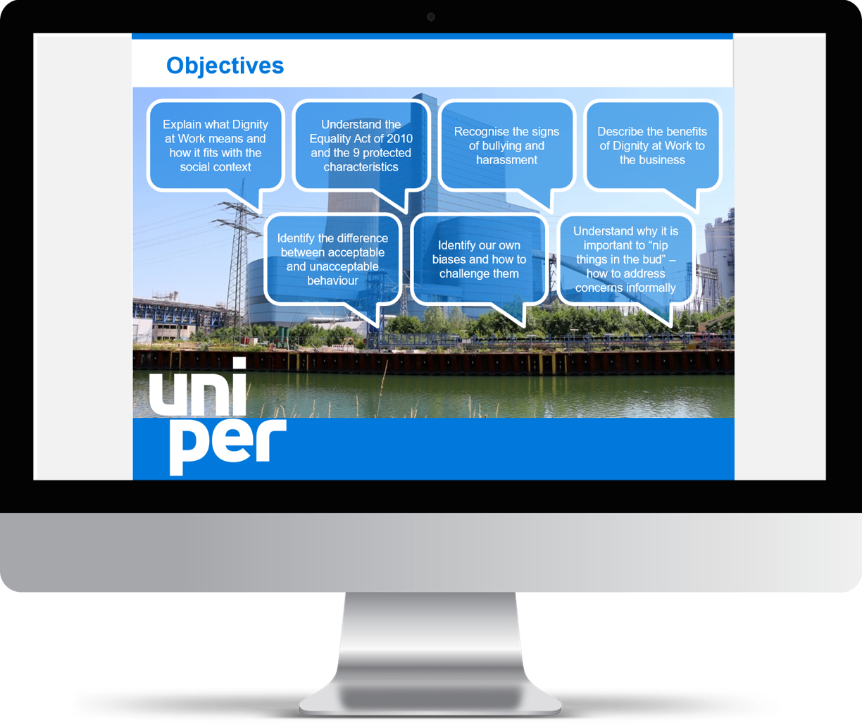 Computer monitor with 'Uniper Objectives' on the screen