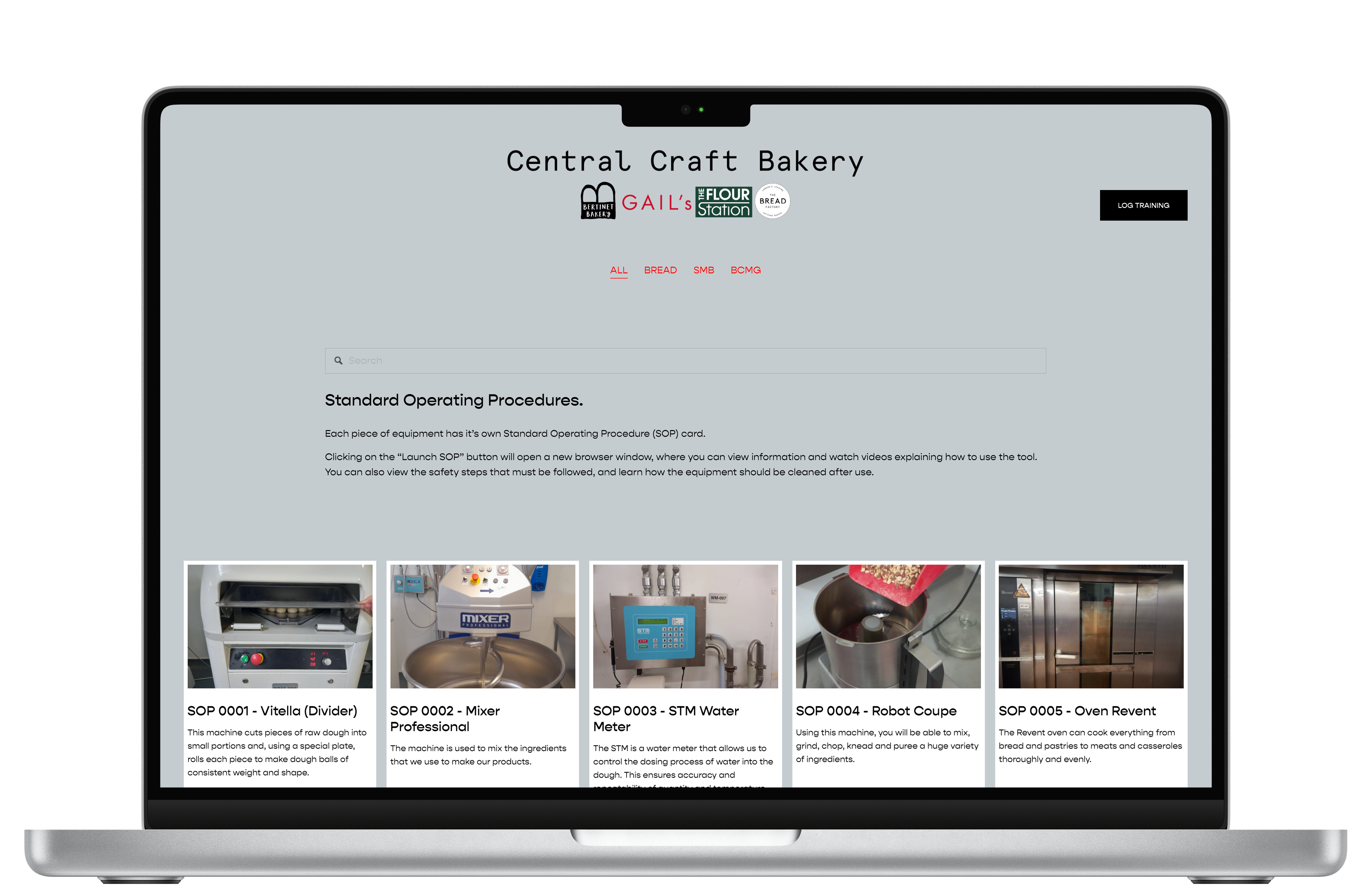 A laptop displaying the Central Craft Bakery website, showing their Standard Operating Procedures page.