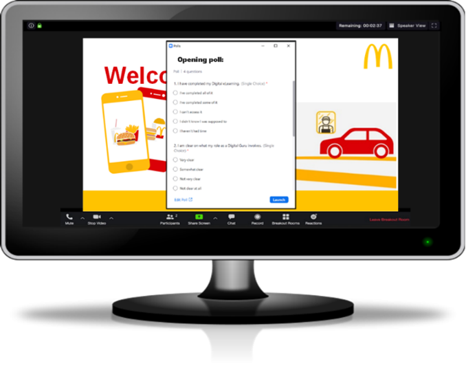 An image of a computer monitor showing a McDonalds training session via zoom, with a opening poll pop up on the screen.