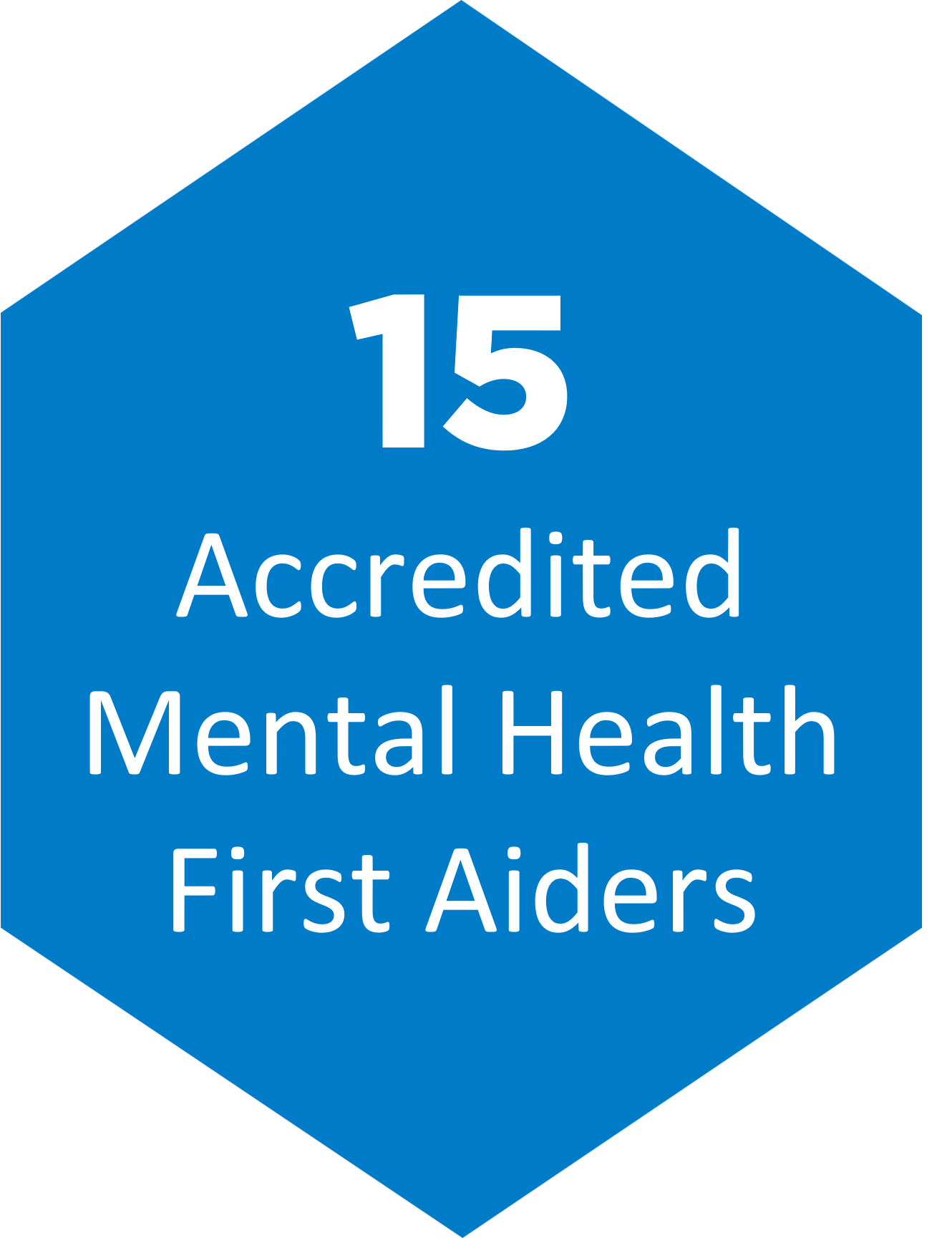 A blue hexagon with white text within it reading '15 Accredited Mental Health First Aiders'.