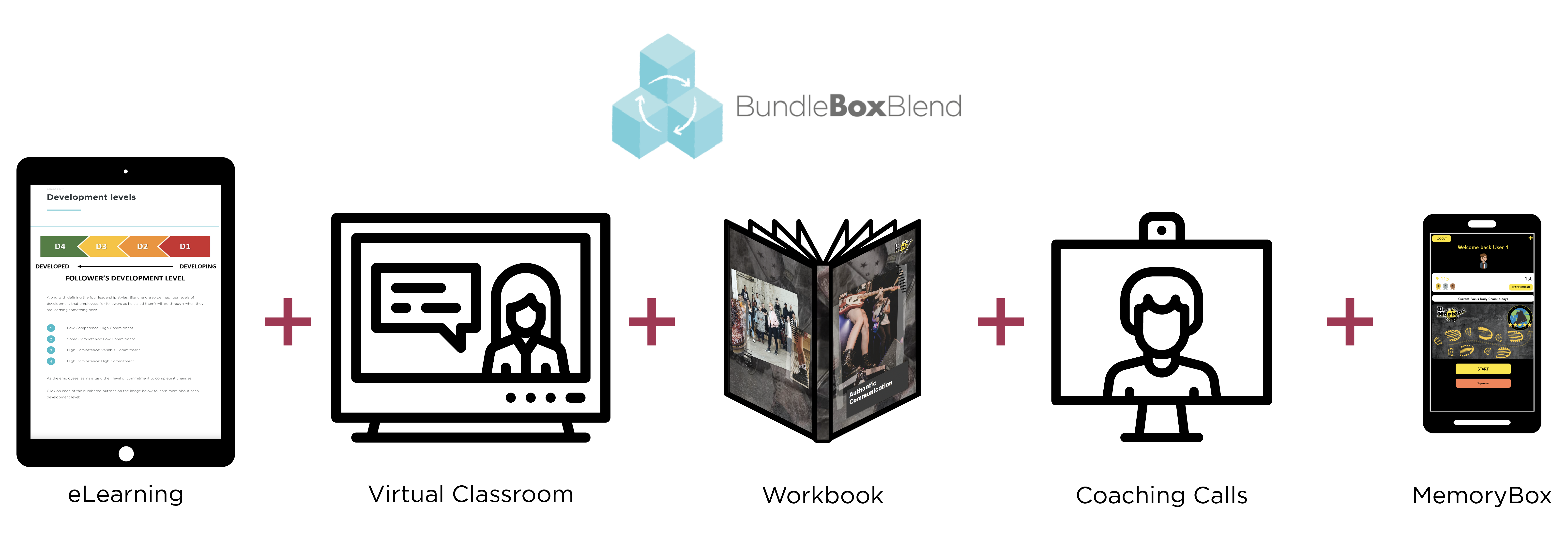 BundleBoxBlend includes: eLearning, virtual classrooms, workbook, coaching calls and MemoryBox (learning app).