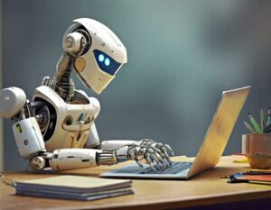 Robot sat at a desk typing on a laptop.